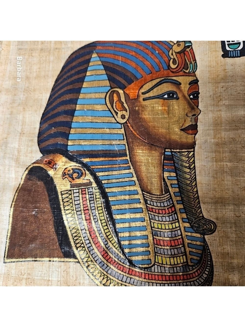 Vintage 70s Egyptian Pharaoh Tutankhamen Funeral Mask Painting on Papyrus
